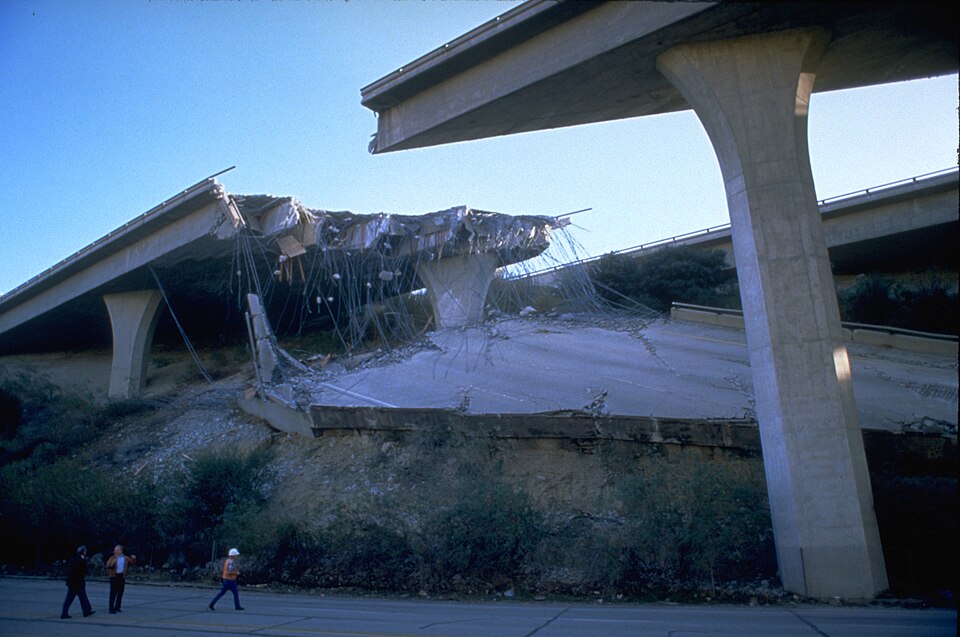 Collapsed I-10 freeway interchange after the 1994 Northridge earthquake in California
